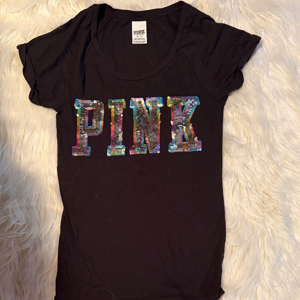 PINK Victoria's Secret Black Tee with Sequin Logo